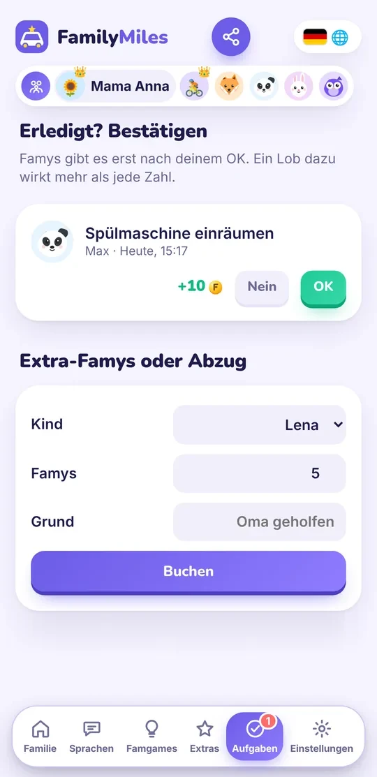 App-Ansicht: Eltern bestätigen eine erledigte Aufgabe mit OK