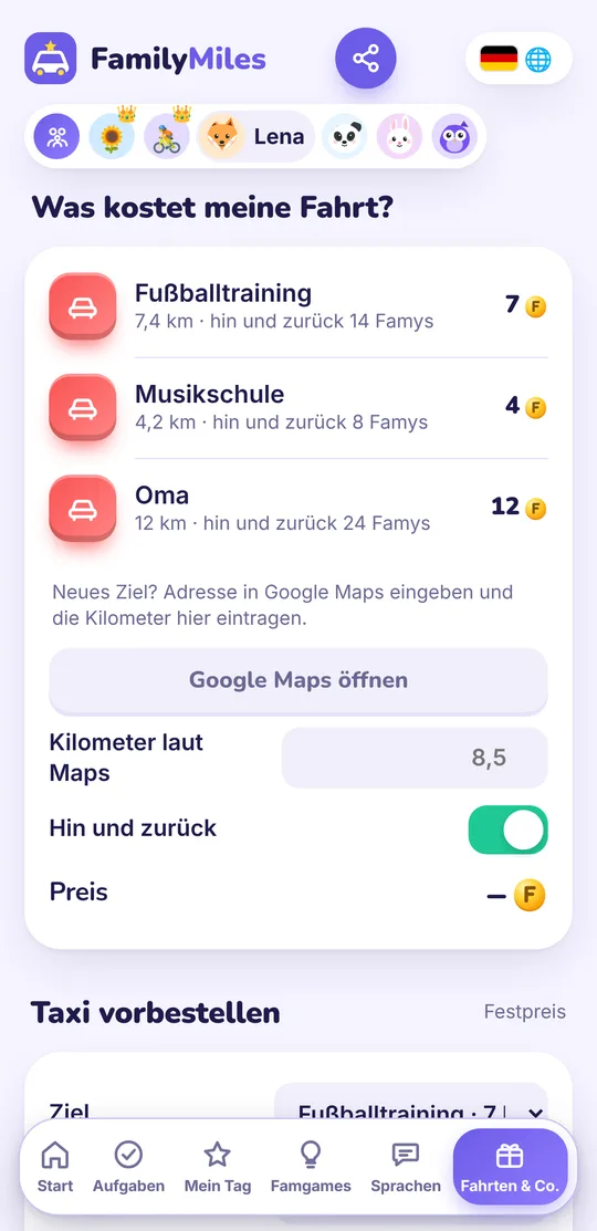 App-Ansicht: Was kostet meine Fahrt? Ziele mit ihrem Preis in Famys