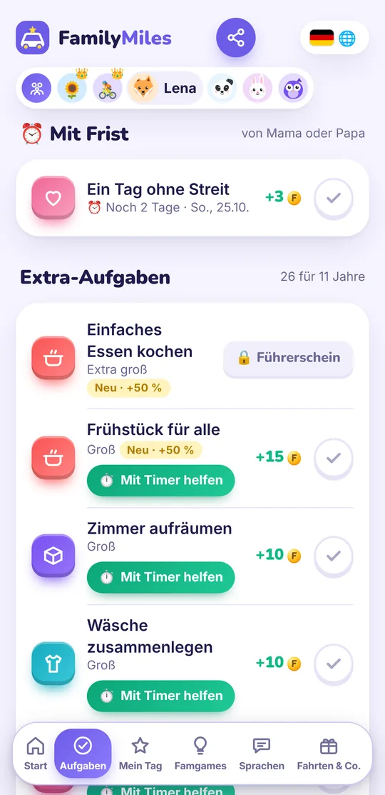 App-Ansicht: Liste mit Extra-Aufgaben und ihren Famys