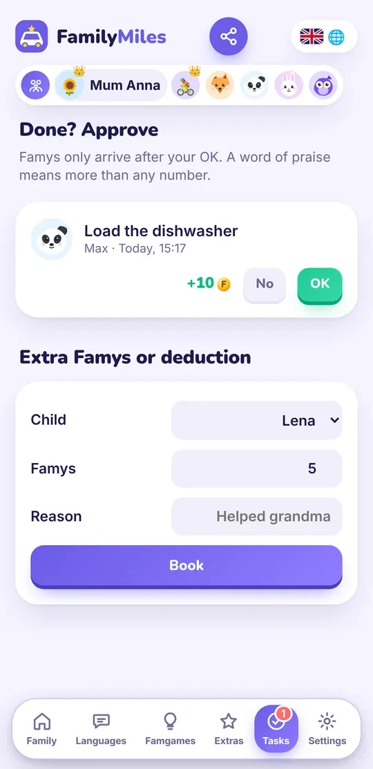 App screen: a parent approves a finished task with OK
