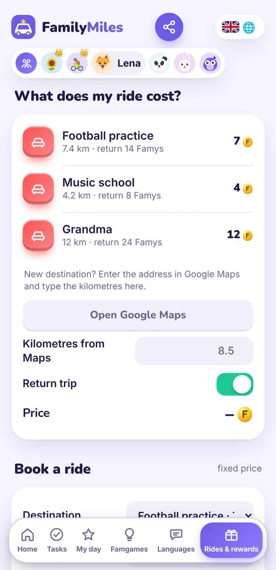 App screen: What does my ride cost? Destinations with their price in Famys