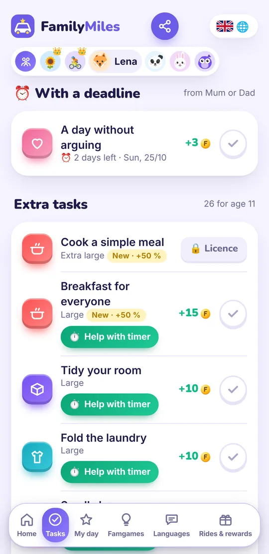 App screen: a list of extra tasks with their Famys