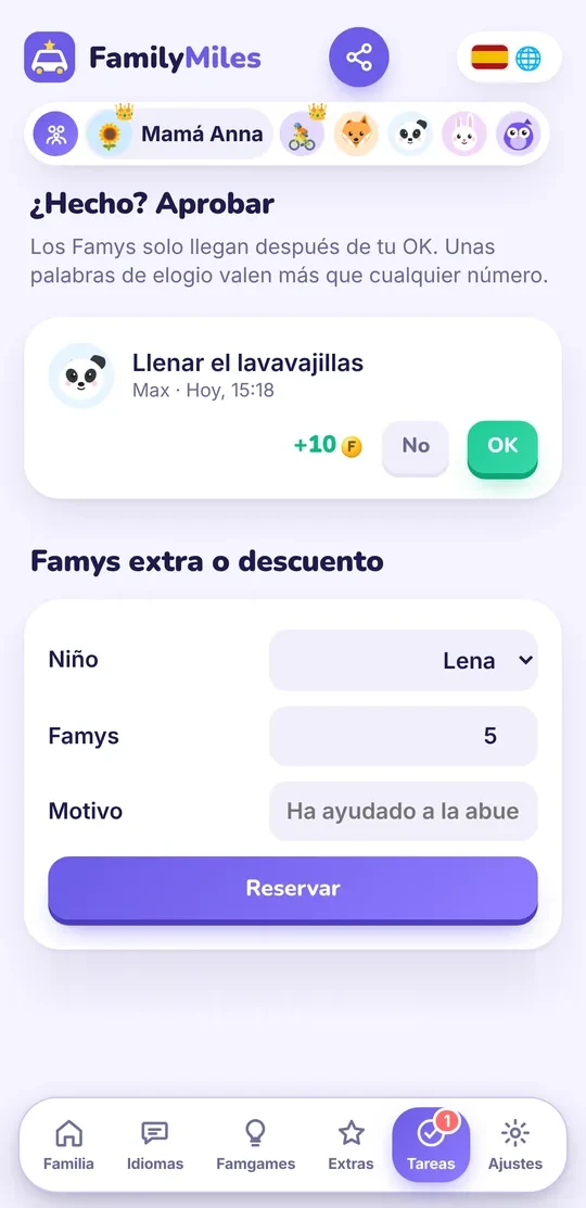 Pantalla de la app: una madre o un padre aprueba una tarea terminada con OK