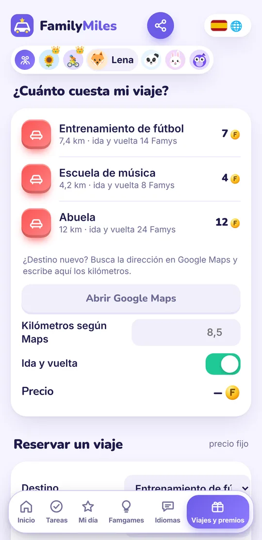 Pantalla de la app: ¿Cuánto cuesta mi viaje? Destinos con su precio en Famys