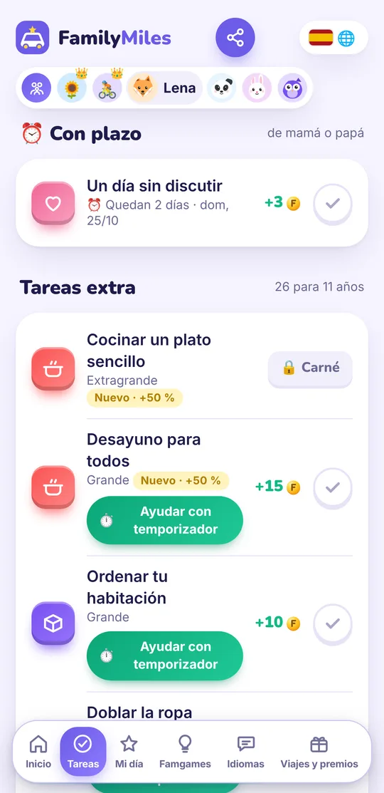 Pantalla de la app: lista de tareas extra con sus Famys