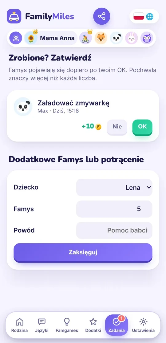 Ekran aplikacji: rodzic zatwierdza wykonane zadanie przyciskiem OK