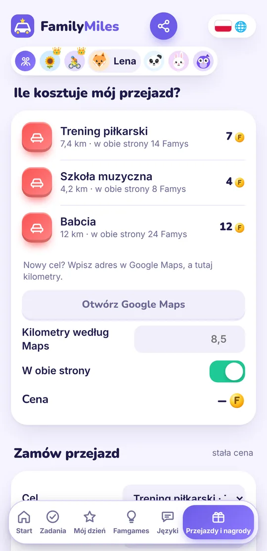 Ekran aplikacji: ile kosztuje mój przejazd? Cele z ceną w Famys