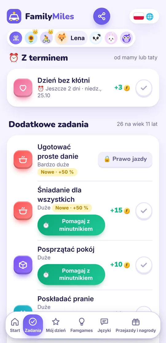 Ekran aplikacji: lista dodatkowych zadań z liczbą Famys